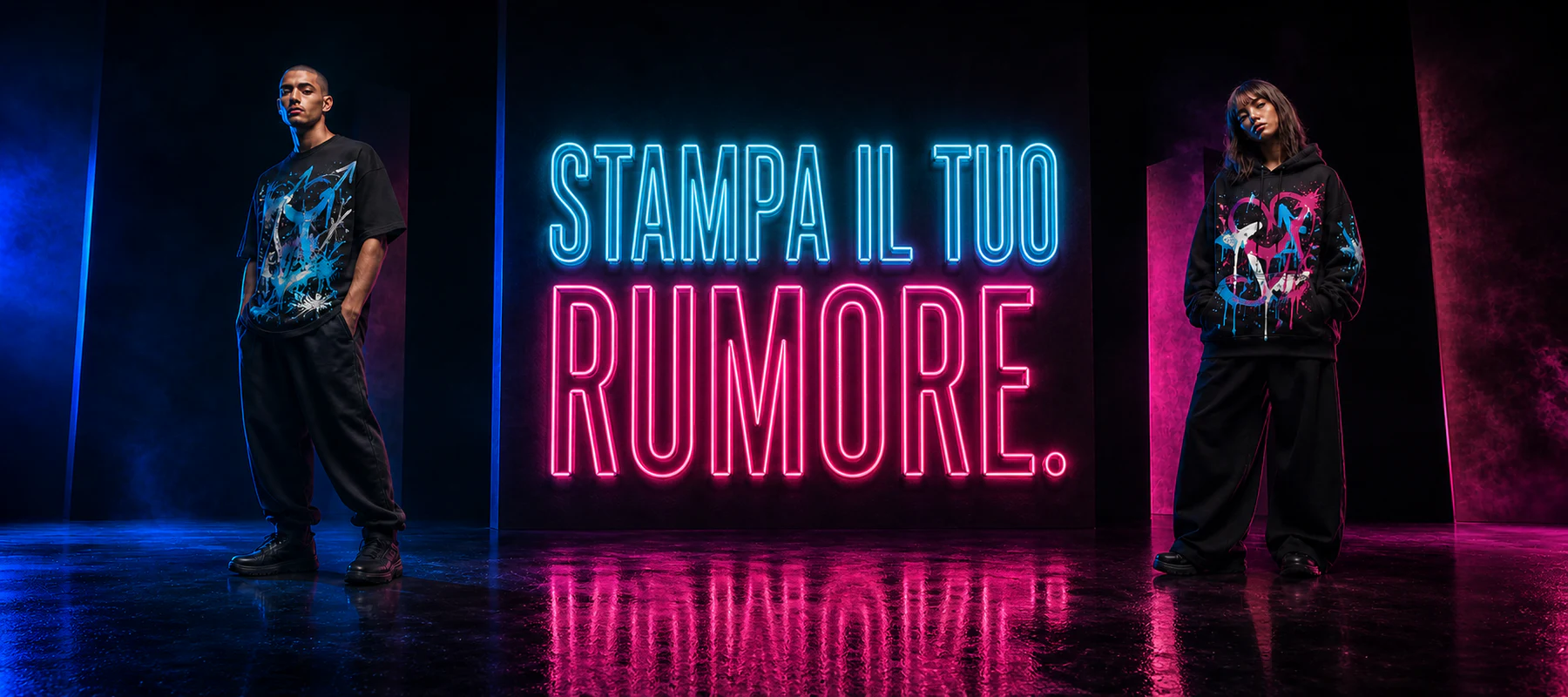 Modello streetwear in studio con scritta neon Stampa il tuo rumore